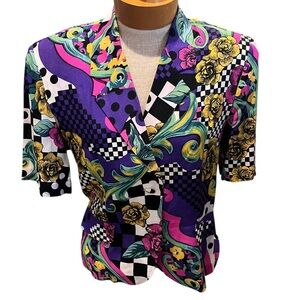 Vintage Worthington Womens Blouse Short Sleeve Colorful 90s Bold Floral Size S/M